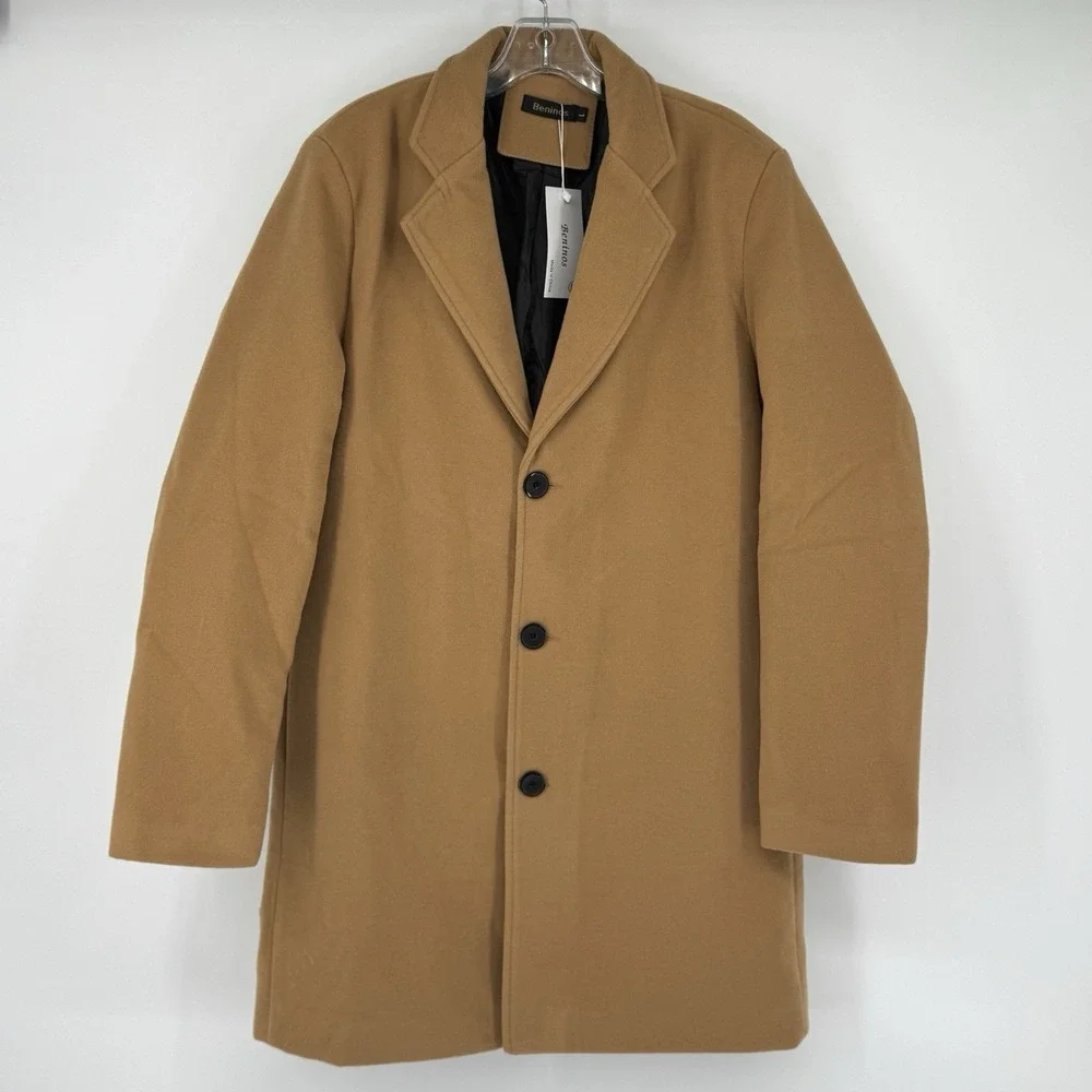Beninos Men's L Camel Wool Blend Overcoat Classic 3 Button Topcoat Pea‎ Coat NWT